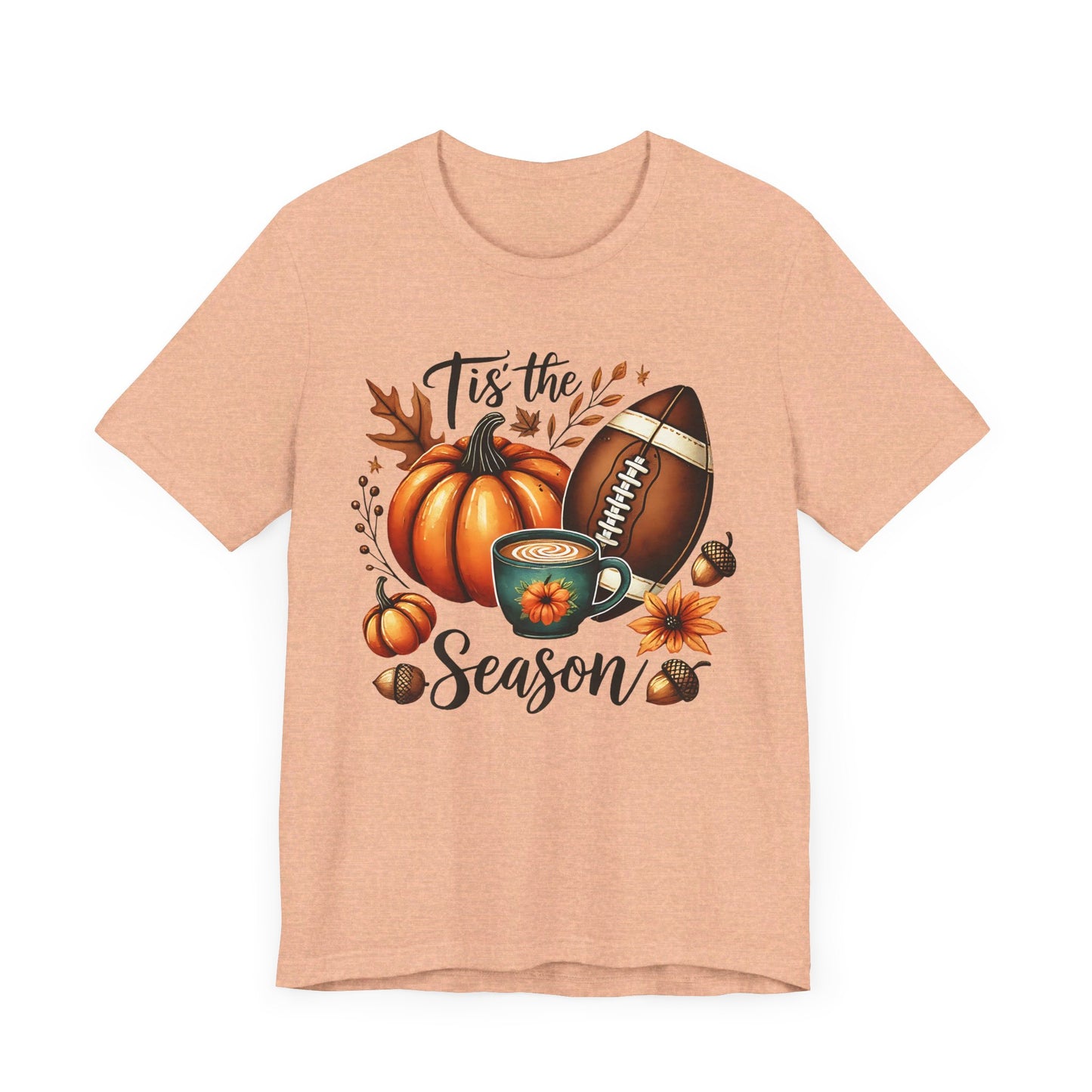 Tis the Season Fall Shirt with Pumpkin, Football and Coffee Design, Autumn Aesthetic Graphic Tee, Cozy Fall Vibes Women's T-Shirt for Pumpkin Lovers