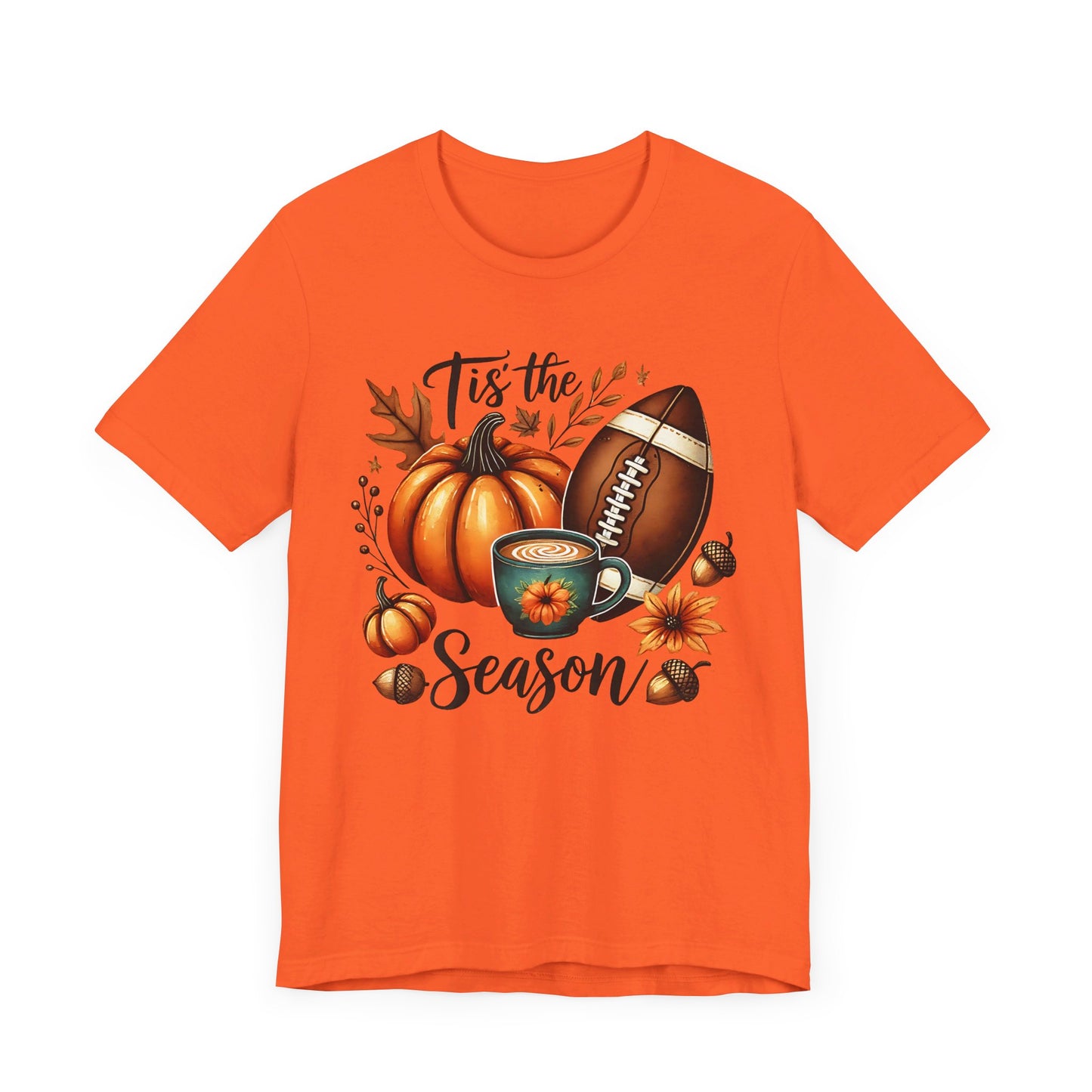 Tis the Season Fall Shirt with Pumpkin, Football and Coffee Design, Autumn Aesthetic Graphic Tee, Cozy Fall Vibes Women's T-Shirt for Pumpkin Lovers