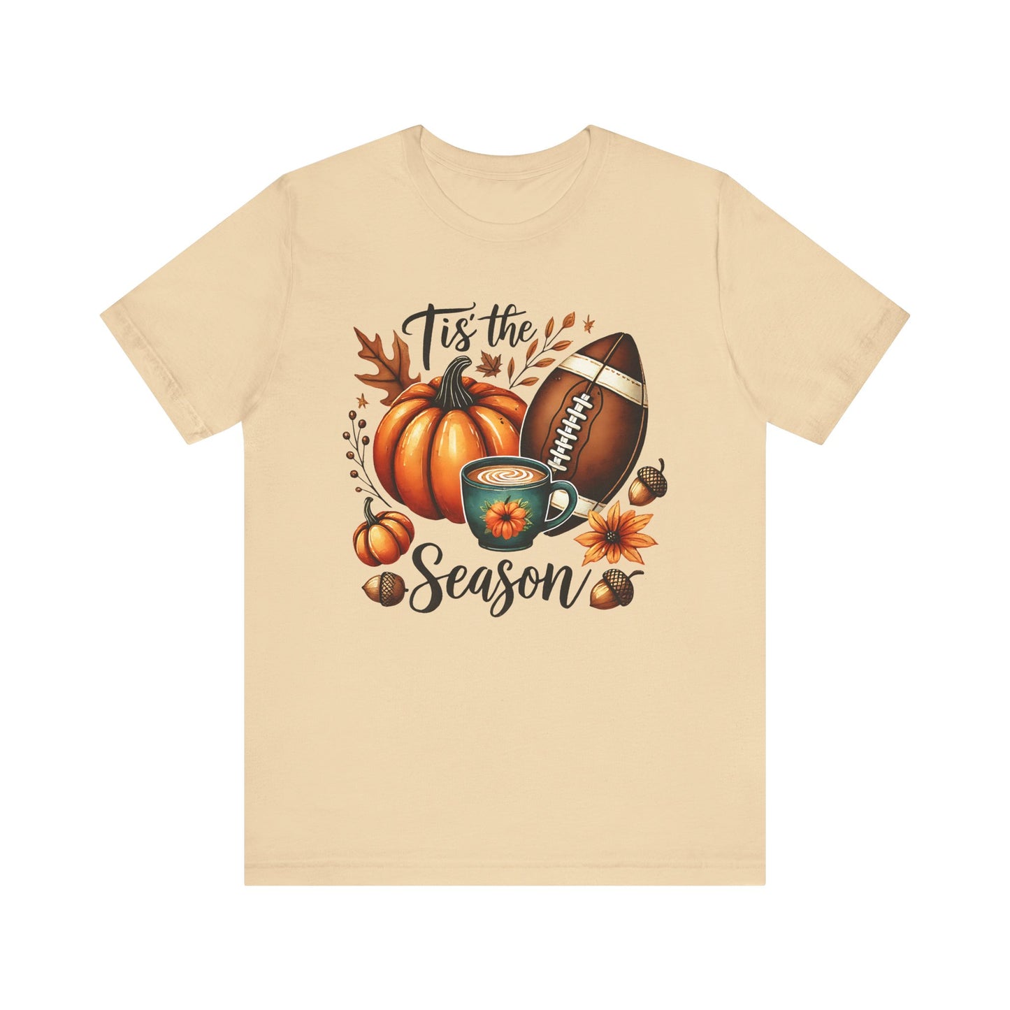 Tis the Season Fall Shirt with Pumpkin, Football and Coffee Design, Autumn Aesthetic Graphic Tee, Cozy Fall Vibes Women's T-Shirt for Pumpkin Lovers