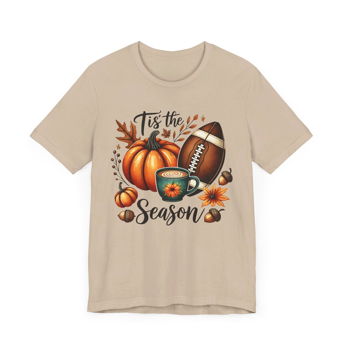 Tis the Season Fall Shirt with Pumpkin, Football and Coffee Design, Autumn Aesthetic Graphic Tee, Cozy Fall Vibes Women's T-Shirt for Pumpkin Lovers