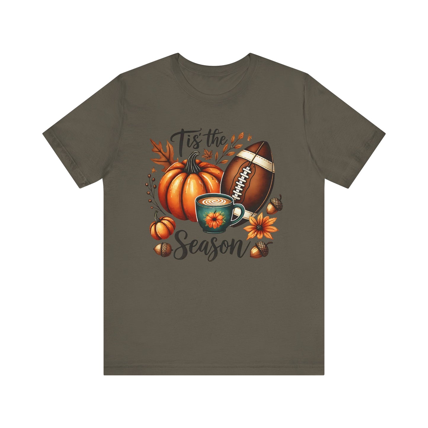 Tis the Season Fall Shirt with Pumpkin, Football and Coffee Design, Autumn Aesthetic Graphic Tee, Cozy Fall Vibes Women's T-Shirt for Pumpkin Lovers