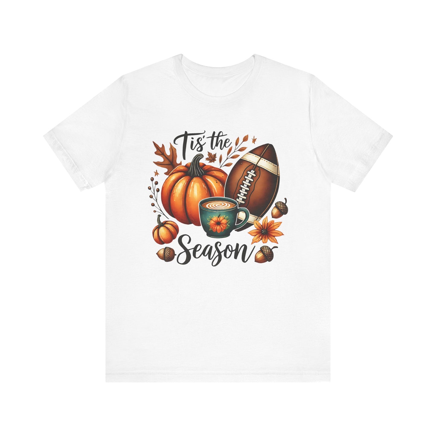 Tis the Season Fall Shirt with Pumpkin, Football and Coffee Design, Autumn Aesthetic Graphic Tee, Cozy Fall Vibes Women's T-Shirt for Pumpkin Lovers