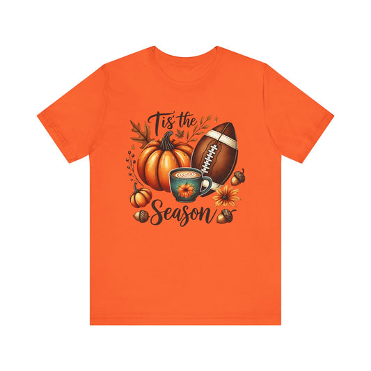 Tis the Season Fall Shirt with Pumpkin, Football and Coffee Design, Autumn Aesthetic Graphic Tee, Cozy Fall Vibes Women's T-Shirt for Pumpkin Lovers