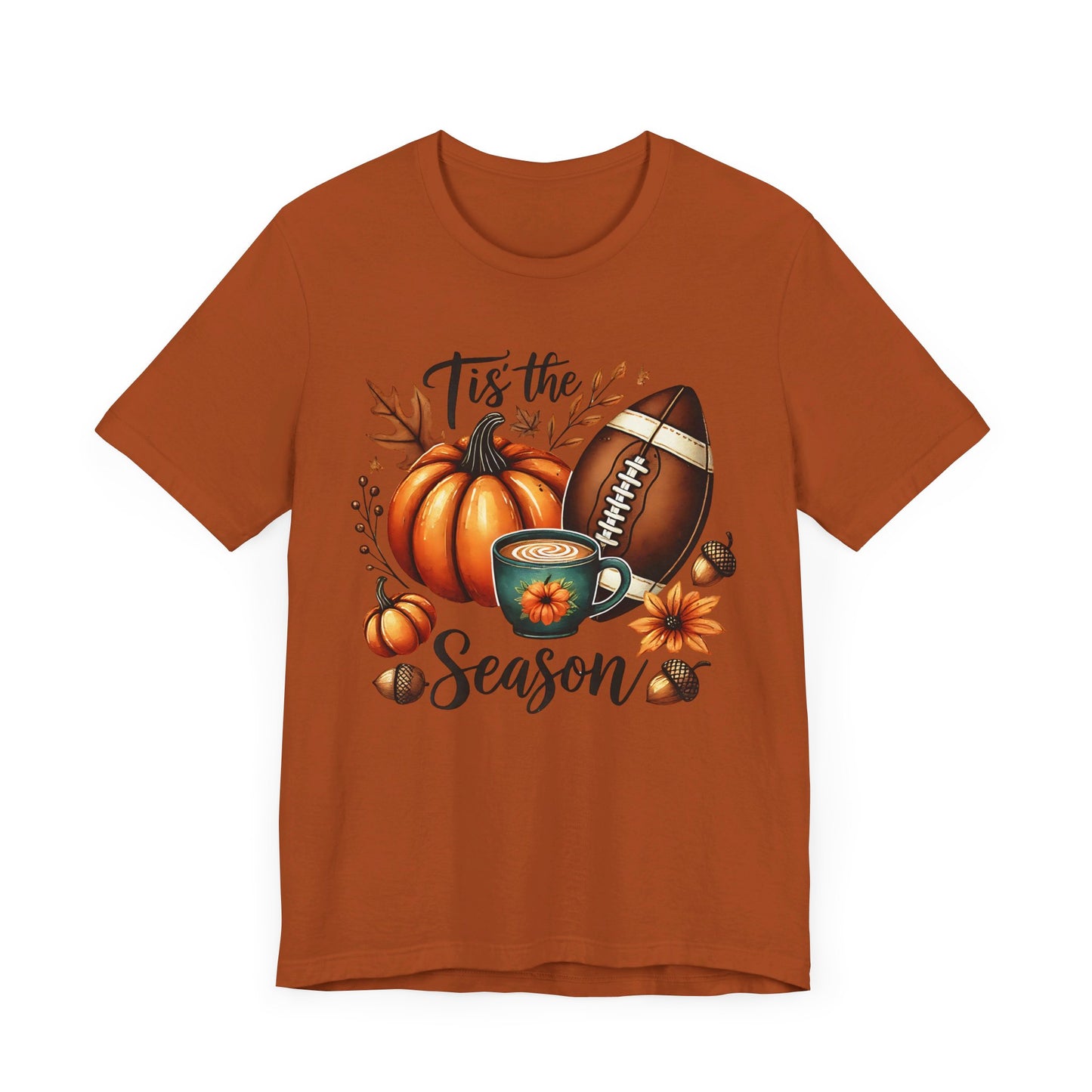 Tis the Season Fall Shirt with Pumpkin, Football and Coffee Design, Autumn Aesthetic Graphic Tee, Cozy Fall Vibes Women's T-Shirt for Pumpkin Lovers