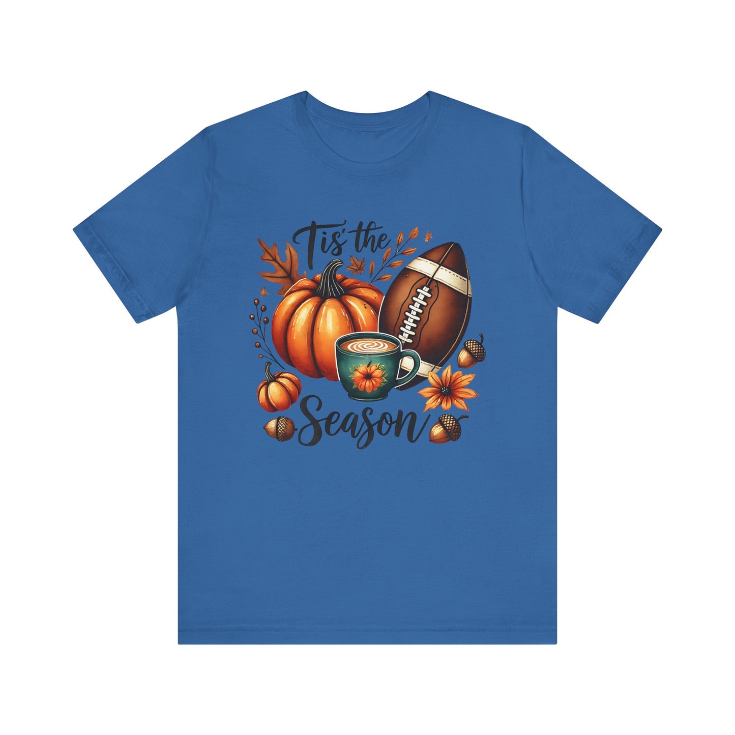 Tis the Season Fall Shirt with Pumpkin, Football and Coffee Design, Autumn Aesthetic Graphic Tee, Cozy Fall Vibes Women's T-Shirt for Pumpkin Lovers