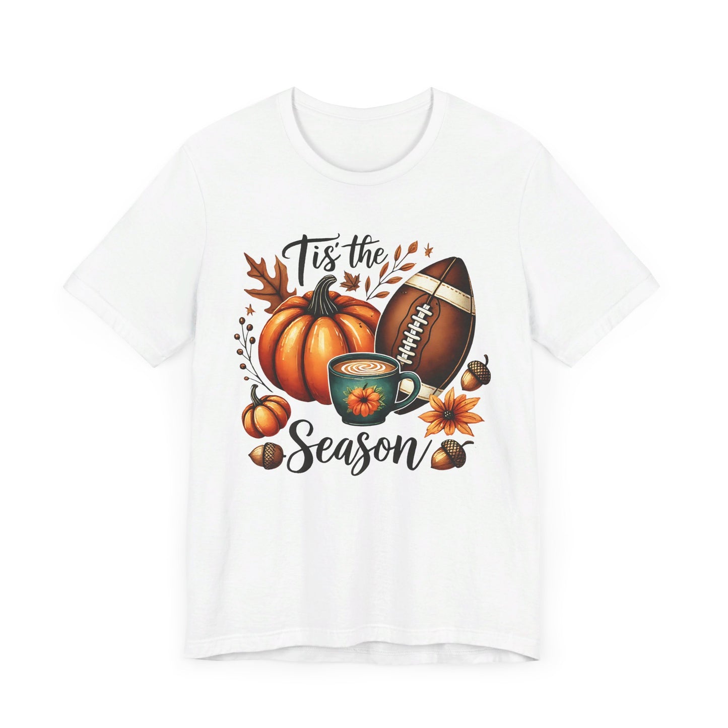 Tis the Season Fall Shirt with Pumpkin, Football and Coffee Design, Autumn Aesthetic Graphic Tee, Cozy Fall Vibes Women's T-Shirt for Pumpkin Lovers