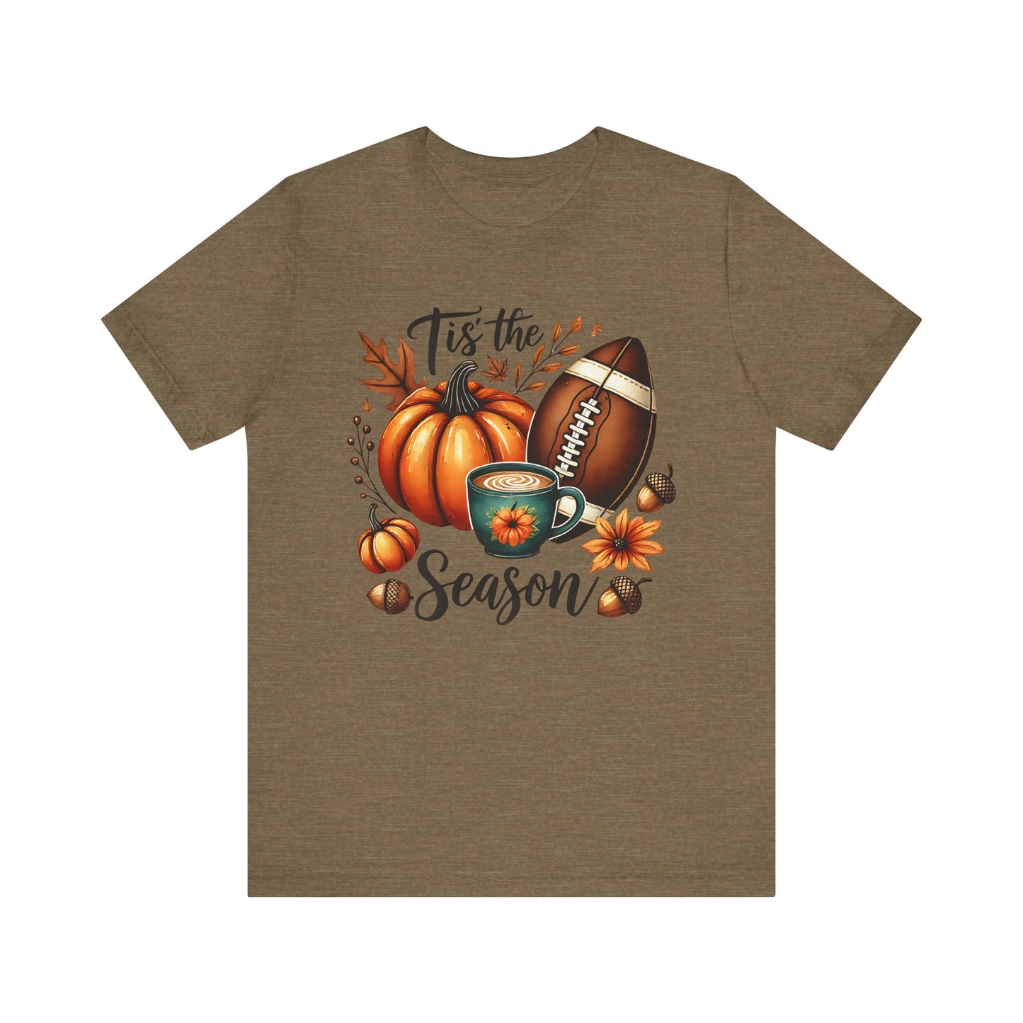 Tis the Season Fall Shirt with Pumpkin, Football and Coffee Design, Autumn Aesthetic Graphic Tee, Cozy Fall Vibes Women's T-Shirt for Pumpkin Lovers