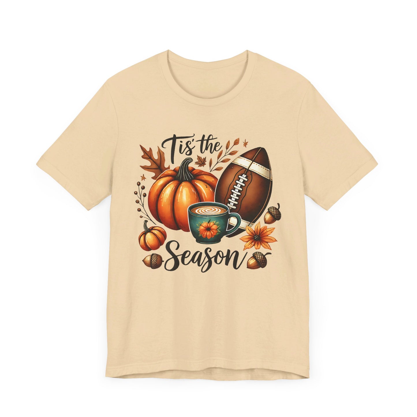 Tis the Season Fall Shirt with Pumpkin, Football and Coffee Design, Autumn Aesthetic Graphic Tee, Cozy Fall Vibes Women's T-Shirt for Pumpkin Lovers