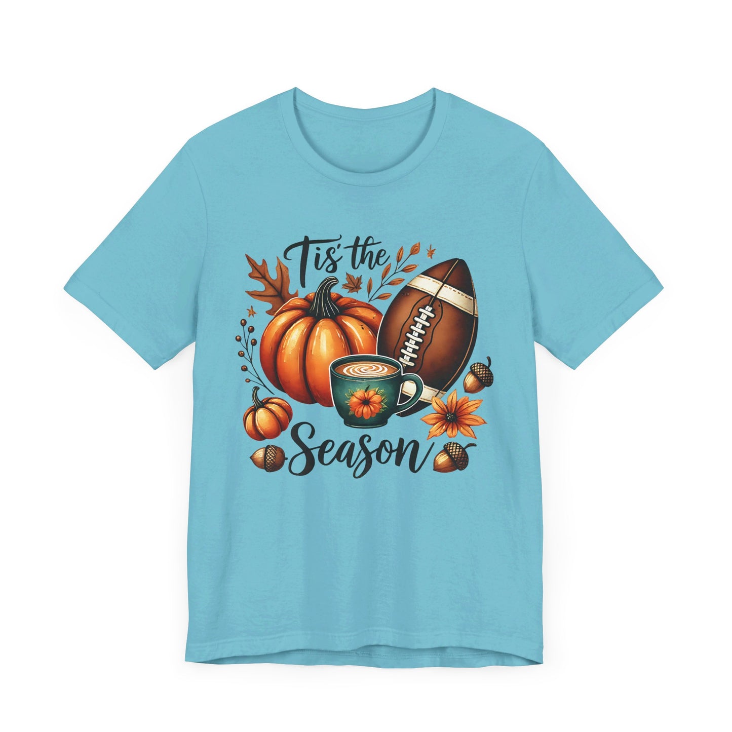 Tis the Season Fall Shirt with Pumpkin, Football and Coffee Design, Autumn Aesthetic Graphic Tee, Cozy Fall Vibes Women's T-Shirt for Pumpkin Lovers