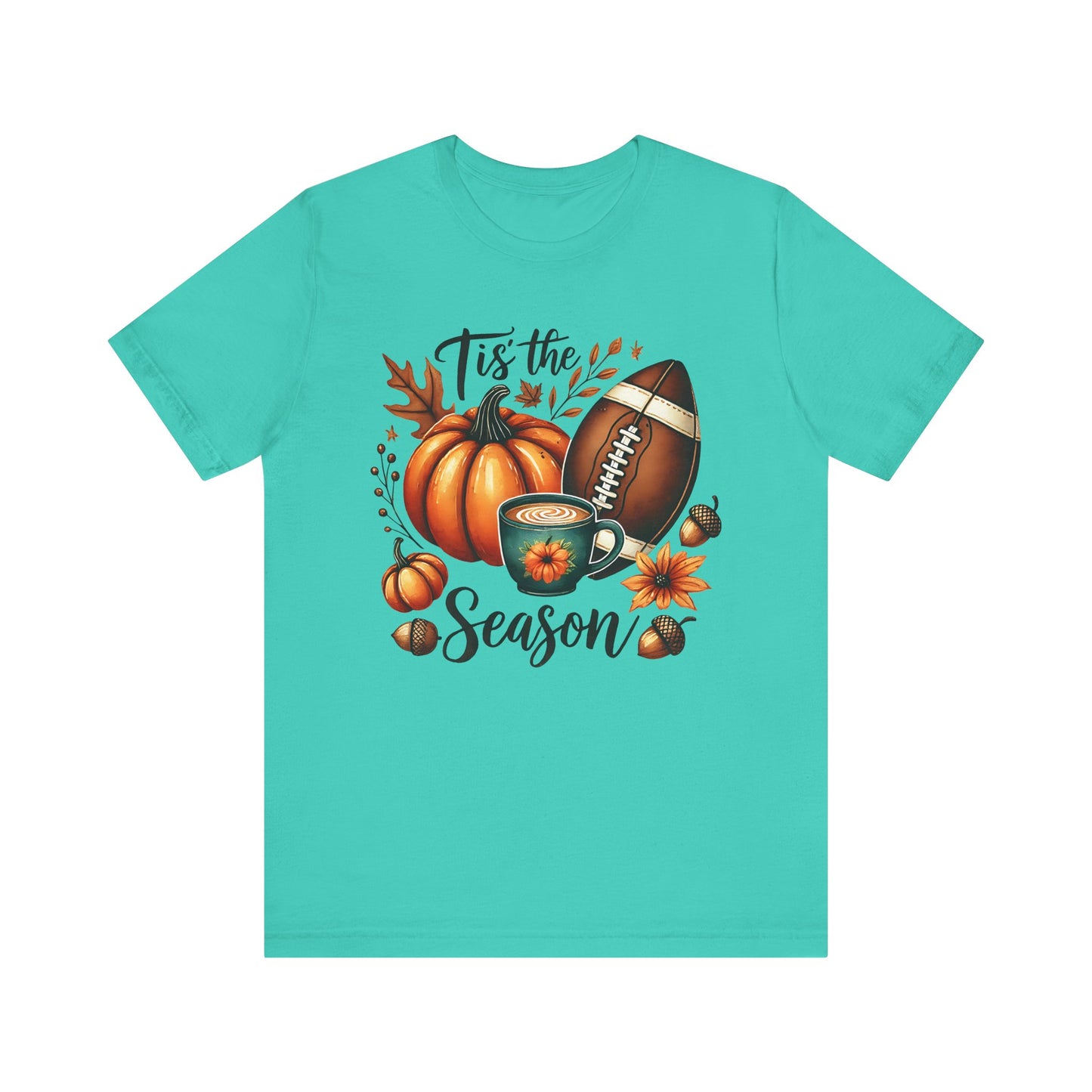 Tis the Season Fall Shirt with Pumpkin, Football and Coffee Design, Autumn Aesthetic Graphic Tee, Cozy Fall Vibes Women's T-Shirt for Pumpkin Lovers