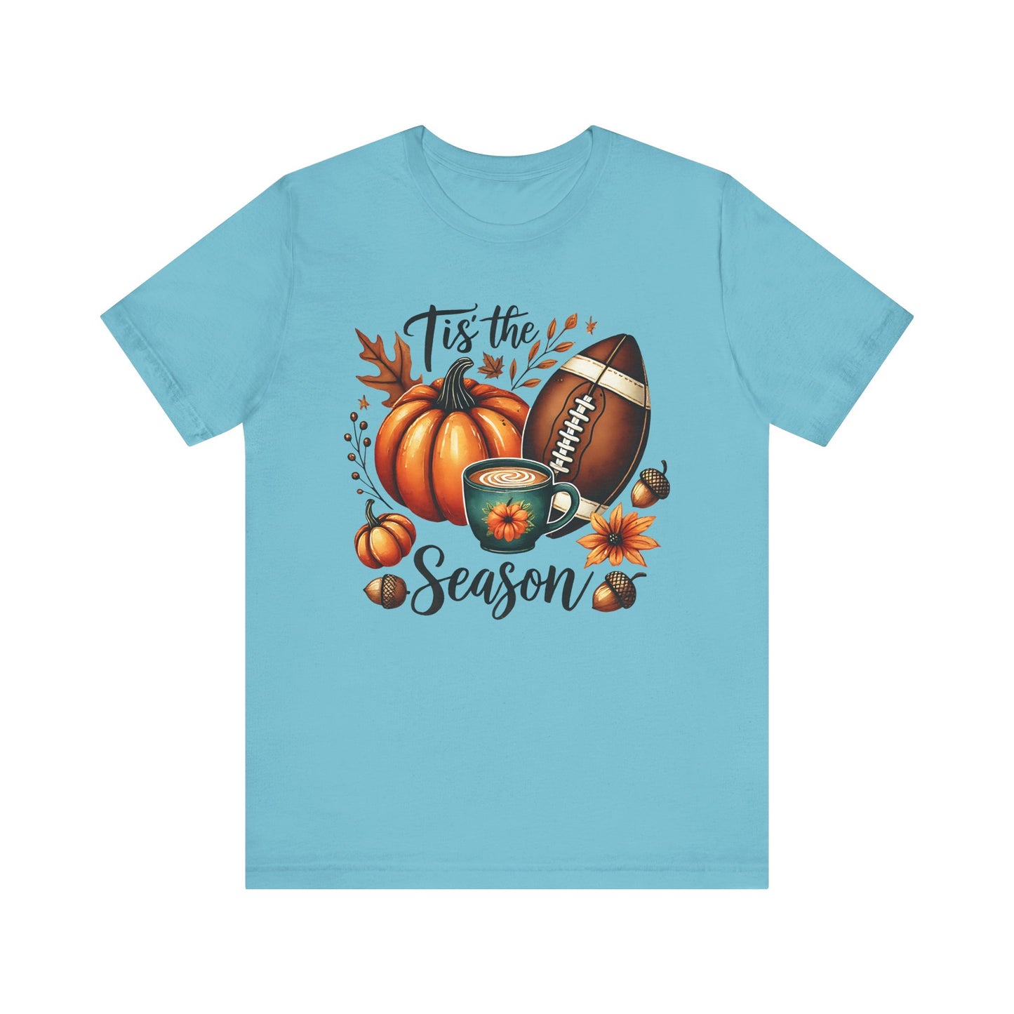 Tis the Season Fall Shirt with Pumpkin, Football and Coffee Design, Autumn Aesthetic Graphic Tee, Cozy Fall Vibes Women's T-Shirt for Pumpkin Lovers